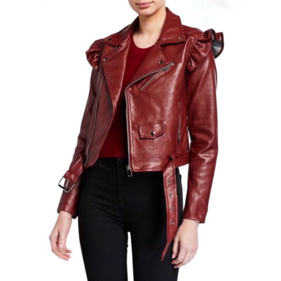 Avantlook Jackets & Blazers - 70°F / 21°C Avantlook Faux Leather Ruffle Shoulder Moto Jacket in Red/Burgundy